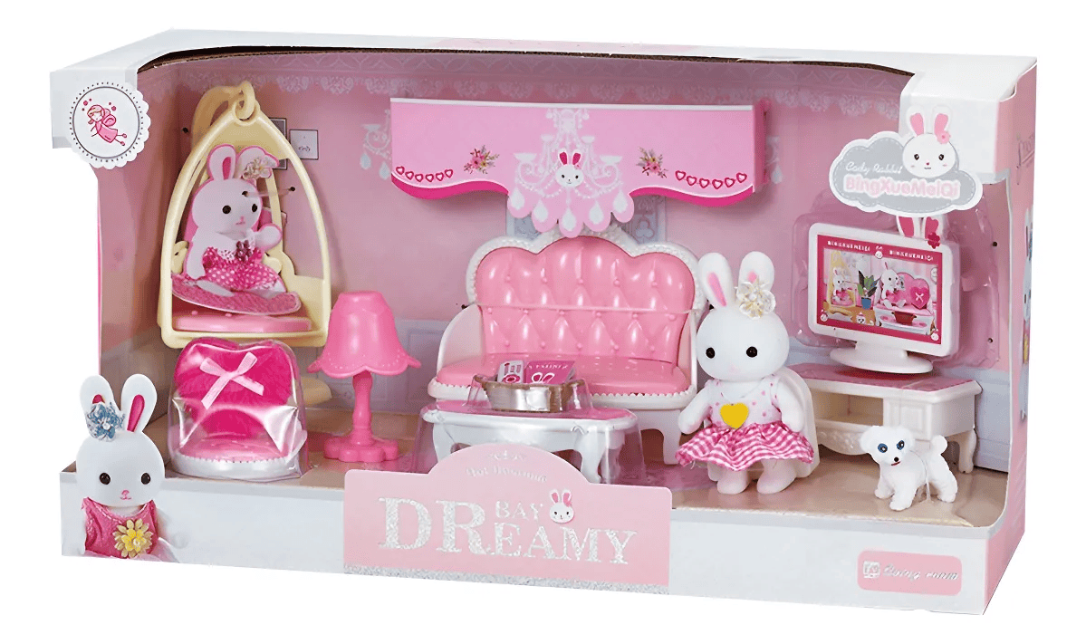 Maison de lapin jouet en salon avec canapé, télévision, balançoire et accessoires