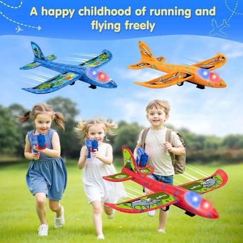 Lance-avions en mousse pour enfants – avec lance-pierres manuel et un avion inclus, portée de vol de 10 à 20 mètres – jouet sans piles, facile à utiliser, durable et léger