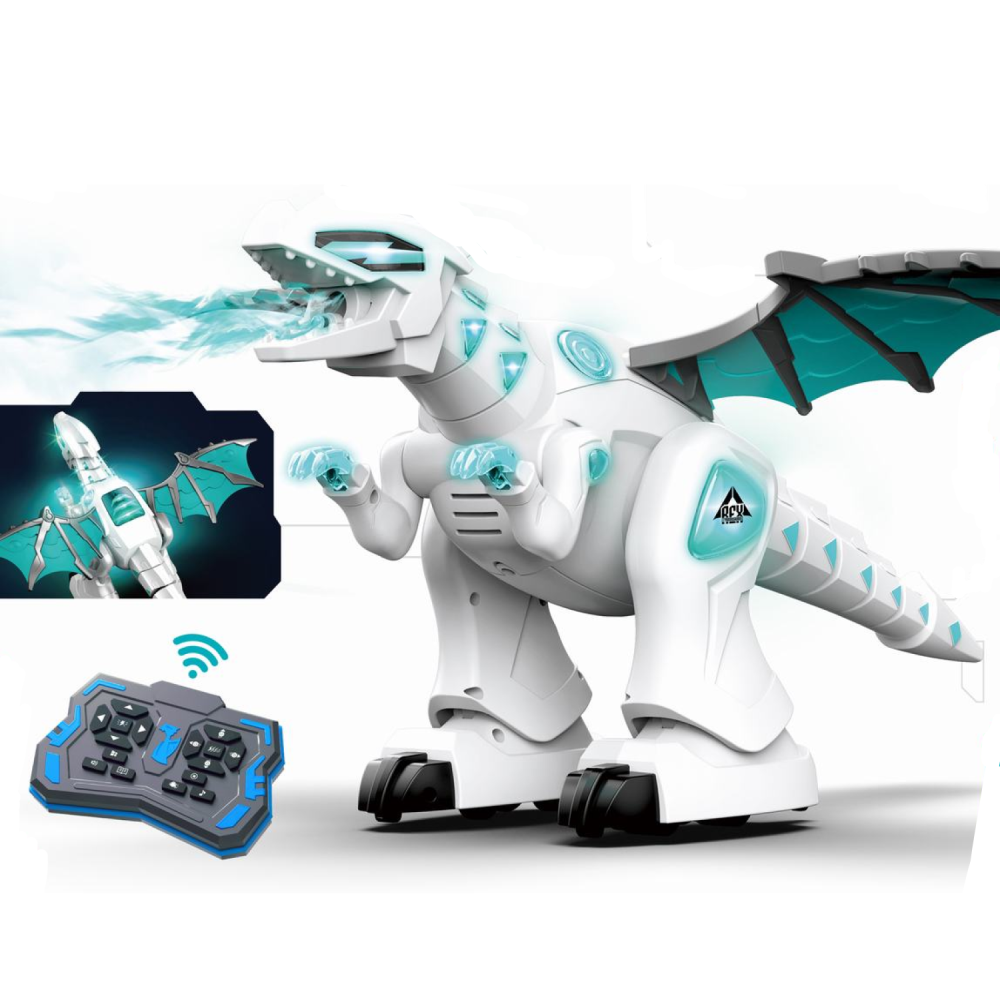 Robot Dragon Dinosaure Télécommandé, Animal de Compagnie Électronique Interactif avec Ailes, Effets Lumineux, Sons et Brume