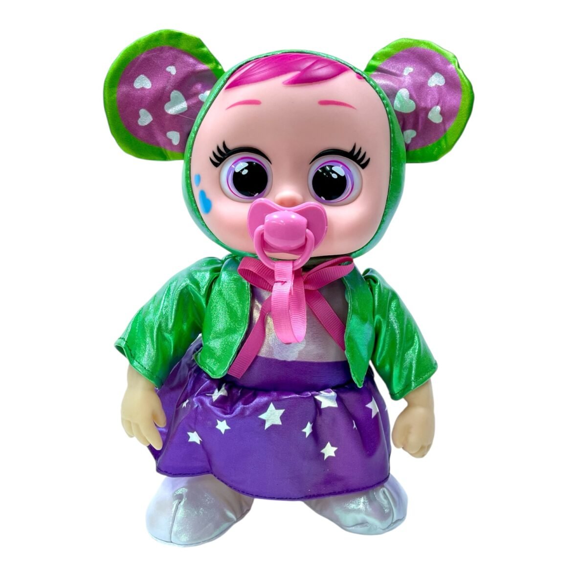 Poupée Cry Babies, avec jupe violette et veste verte, jouet interactif