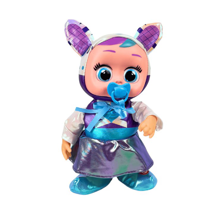 Poupée Cry Babies qui marche, avec tétine bleue et robe brillante